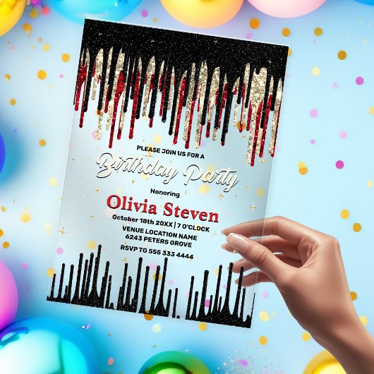 シックなレッドブラックドリップグリッターモノグラム誕生日 アクリル招待状