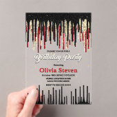 シックなレッドブラックドリップグリッターモノグラム誕生日 アクリル招待状 (インサイチュ (ポータブル))