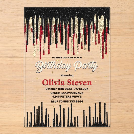 シックなレッドブラックドリップグリッターモノグラム誕生日 アクリル招待状 (正面)