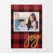 シックなレッドプレイド+金ゴールドスクリプトホリデーフォトカード 三つ折り招待状 (カバー)