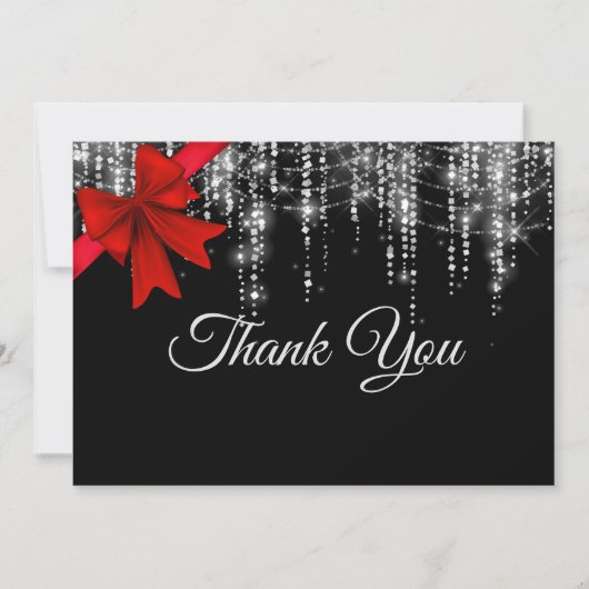 シックなレッドボウブラックシルバーフェイクグリッター休日 サンキューカード (正面)