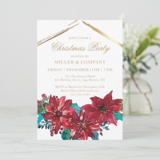 シックなレッドポインセチア企業のクリスマスパーティー 招待状 (スタンド正面)