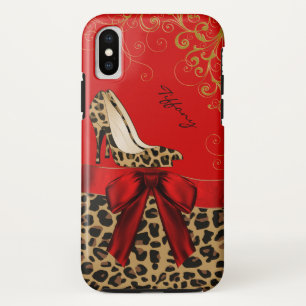 シックなレッド&レオパード印刷 iPhone X ケース