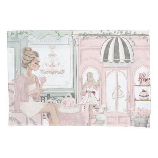 シックなレディフランスのズベーカリーティーショップウォーターカラー 枕カバー (正面)