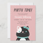シックなレディーキャットピンク子供の誕生日パーティー 招待状 (正面)