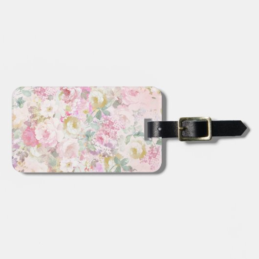 シックなレトロのピンクの白い水彩画の花柄パターン ラゲッジタグ (正面横)