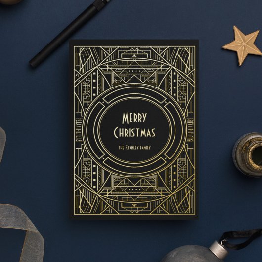 シックなレトロアールデコメリークリスマスブラックと金ゴールド 箔シーズンカード