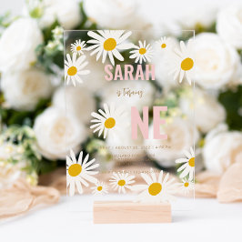 シックなレトロピンクデイジーフラワー1st誕生日 アクリル招待状