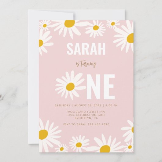 シックなレトロピンクデイジーフラワー1st誕生日 招待状 (正面)