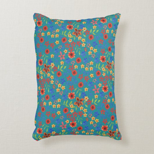 シックなレトロフローラプリントオンティール（緑がかった色）アクセントピロー アクセントクッション (正面(垂直))