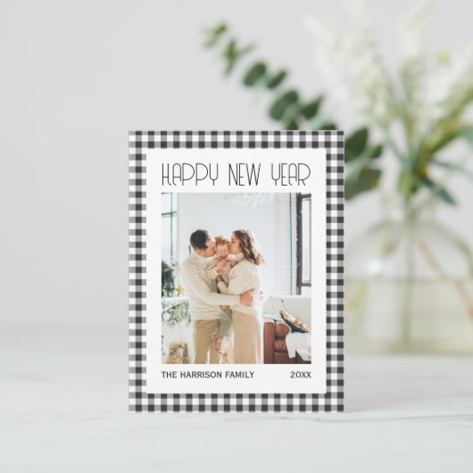 シックなレトロブラックギンガムプレイド新年写真 ポストカード (スタンド正面)