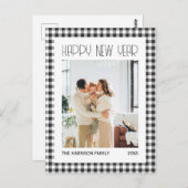 シックなレトロブラックギンガムプレイド新年写真 ポストカード (正面/裏面)