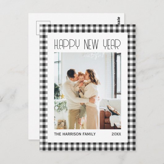 シックなレトロブラックギンガムプレイド新年写真 ポストカード (正面/裏面)
