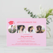 シックなレトロホットピンク3枚の写真スクリプトの卒業 招待状 (スタンド正面)