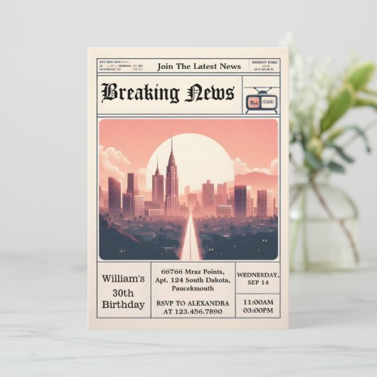 シックなレトロメンズ大人新聞30歳の誕生日 招待状 (スタンド正面)