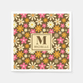 シックなレトロ70s溝深いヒッパイフラワーモノグラム スタンダードカクテルナプキン (正面)