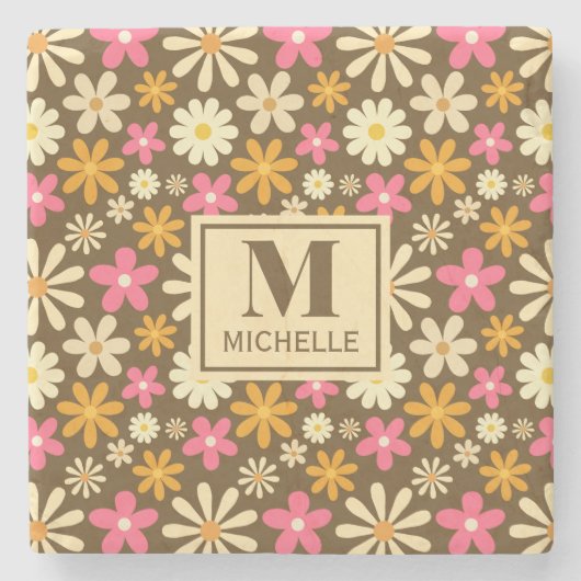 シックなレトロ70s溝深いヒッパイフラワーモノグラム ストーンコースター (正面)