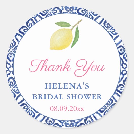 シックなレモンズブルーイタリアンタイルブライダルシャワーのお気に入り ラウンドシール (正面)