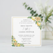 シックなレモンフローラグリーン結婚リー金ゴールドズスクエア 招待状 (スタンド正面)