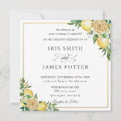 シックなレモンフローラグリーン結婚リー金ゴールドズスクエア 招待状 (正面)