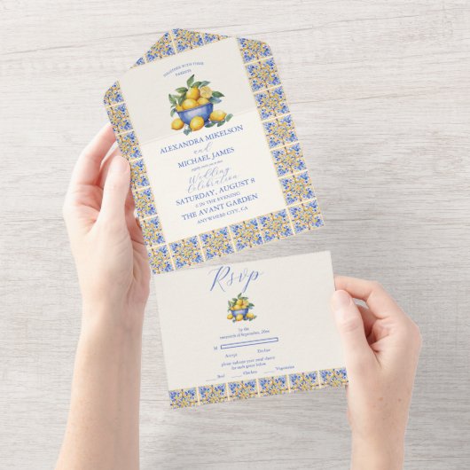 シックなレモンフローラ地中海のグ結婚リーズ オールインワン招待状 (貼ってはがせる)