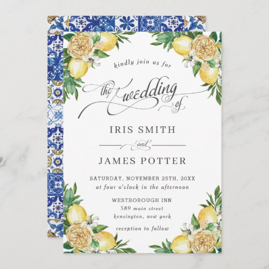 シックなレモンフローラ地中海のグ結婚リーズ 招待状 (正面/裏面)