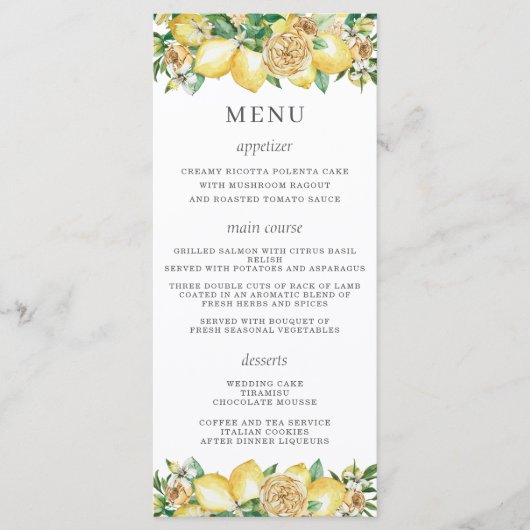 シックなレモンフローラ結婚グリーンのメニュー プログラム (正面)