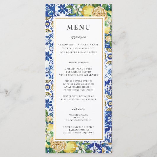 シックなレモンフローラ緑のモザイク結婚のメニュー プログラム (正面)