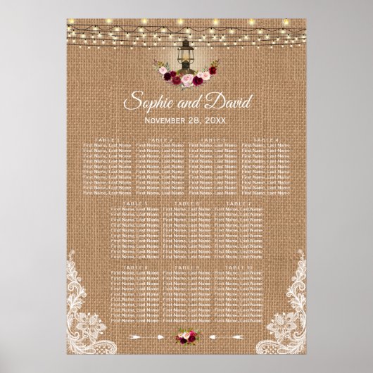 シックなレースバーラップのストリングライトのシーティングチャート ポスター (正面)