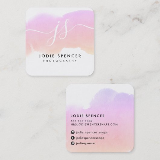 シックなロエレガントゴかわいらしイニシャルサンセット水色 スクエア名刺 (正面/裏面)