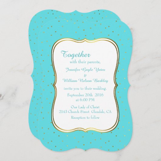 シックなロビンズエッグブルーと金ゴールド結婚式招待状 招待状 (正面/裏面)