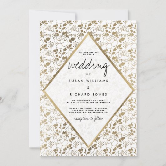 シックなロマンチックなホワイト金ゴールドフローララグジュアリー結婚ズ 招待状 (正面)