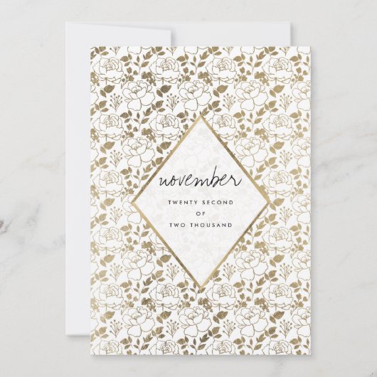 シックなロマンチックなホワイト金ゴールドフローララグジュアリー結婚ズ 招待状 (裏面)