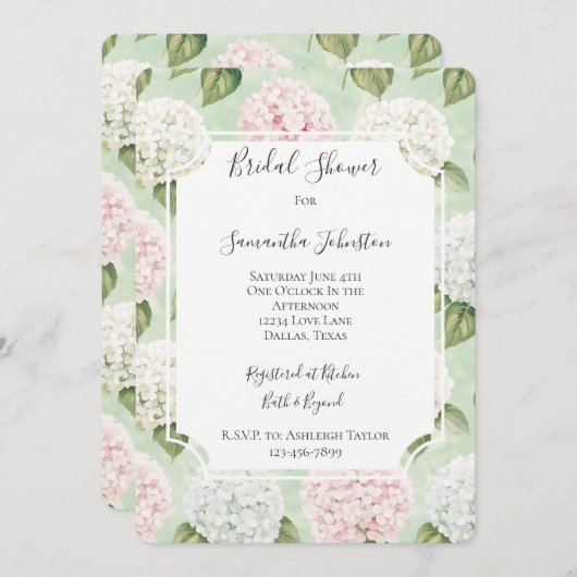 シックなロマンチックピンクブルーホワイトフローラブライダルシャワー 招待状 (正面/裏面)