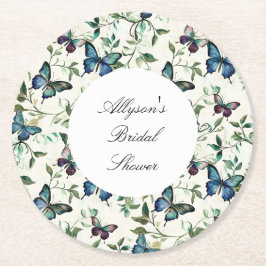 シックなロマンチックブルー蝶ブライダルシャワー ラウンドペーパーコースター