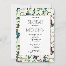 シックなロマンチックブルー蝶ブライダルシャワー 招待状