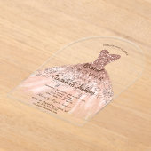 シックなローズゴールドグリッタードレス, ブライダルシャワー アクリル招待状 (レイダウン)