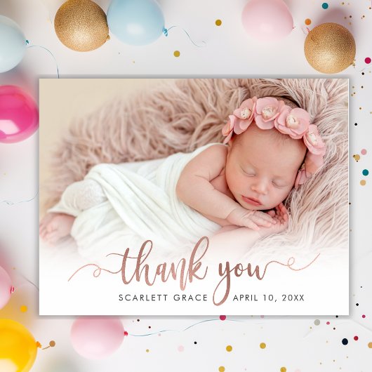 シックなローズゴールドスクリプト新生児写真ありがとう ポストカード