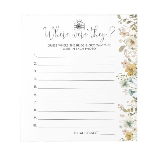 シックなワイルドフラワーどこ彼らはブライダルシャワーゲーム ノートパッド (正面)