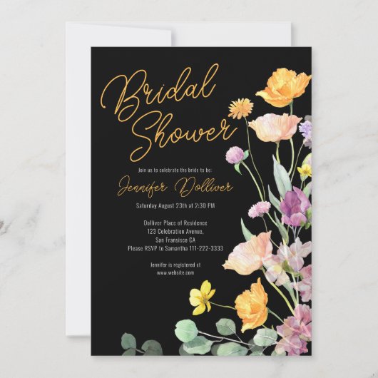 シックなワイルドフラワースクリプトブライダルシャワー招待 招待状 (正面)