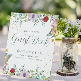 シックなワイルドフラワーズゲストブックウェディングデイフローラ 台座サイン