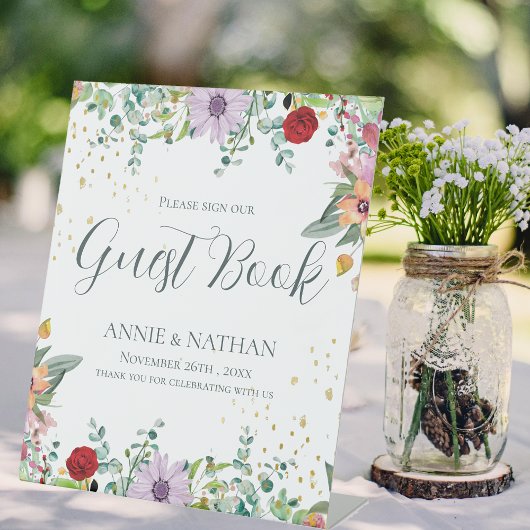 シックなワイルドフラワーズゲストブックウェディングデイフローラ 台座サイン