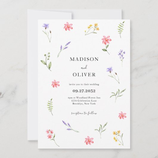 シックなワイルドフラワーフローラの葉の水色結婚の色 招待状 (正面)