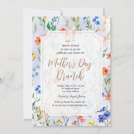 シックなワイルドフラワーブルーワインマザーズデイブランチ 招待状 (正面)