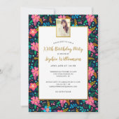 シックなワイルドフラワー、任意の年齢の追加フォトバースデーパーティー 招待状 (正面)