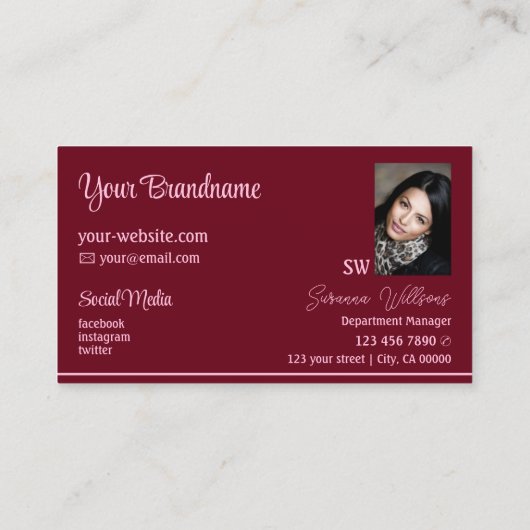 シックなワインレッドストライプピンク色のモノグラムと写真 名刺 (裏面)