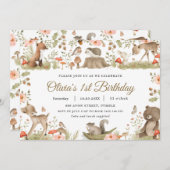 シックなヴィンテージかわいいウッドランド動物の誕生日パーティー 招待状 (正面/裏面)