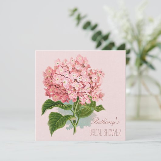 シックなヴィンテージのピンクのアジサイの花のブライダルシャワー 招待状 (スタンド正面)
