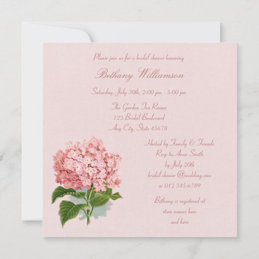 シックなヴィンテージのピンクのアジサイの花のブライダルシャワー 招待状 (裏面)