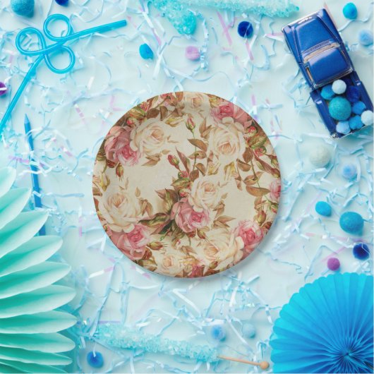 シックなヴィンテージのピンクの白い茶色のバラの花柄パターン ペーパープレート (パーティー)